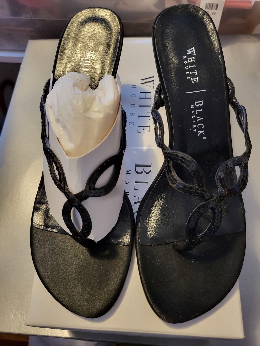 White House Black Market Black Leather Ring-Detail Slide Mules